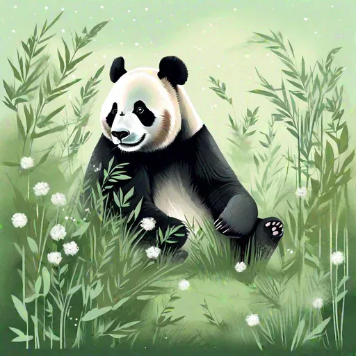 Prompt: A panda sitting in a field of weed farm and small green buds blowing through the wind, pastel colors