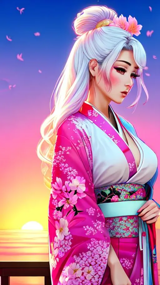 Prompt: nsfw,draw me a beautiful girl wearing a floral kimono looking off at the sunrise. retrowave aesthetic, white hair, colorful, sakura flowers, high resolution background,