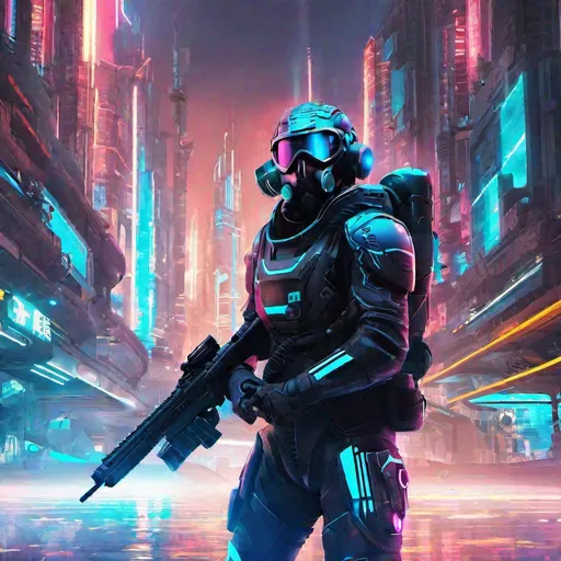 Prompt: Armoured, Combine Soldier, Futuristic, Gas-mask, Glowing blue eyes, standing in a futuristic neon city