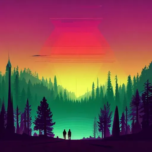 Prompt: Multiple layers of silhouette {large trees}, with silhouette of {a watchtower}, sharp edges, at nightfall, with heavy fog in air, vector style, horizon silhouette landscape wallpaper by Alena Aenami, firewatch game style, vector style background, Synthwave Art,