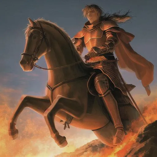 Prompt: The beginning of the end. Fire in the sky. A brave knight is riding to the river. photorealistic.