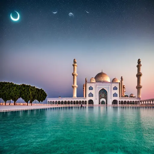 Prompt: Ocean surface as ground, a beautiful white marble grand mosque on clouds in the sky, night sky with Crescent moon shining extremely bright in background, with pink-blue color theme, 4k, 8k, HDR, Photorealistic, realistic