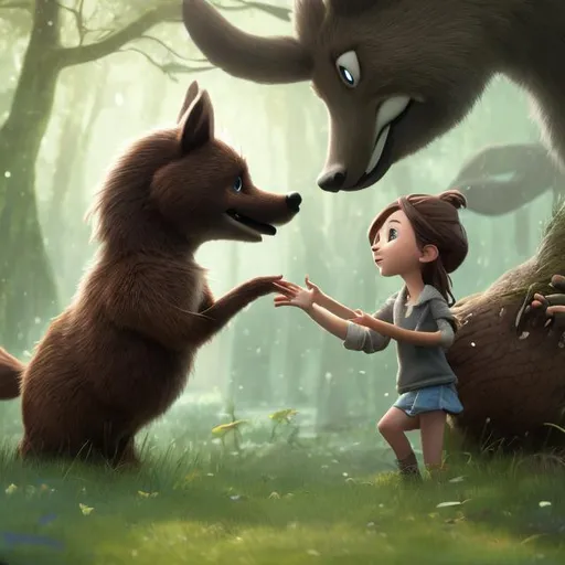 Prompt: Illustrate Lily, a 6-year-old brown short over the sholder haired girl, extending her hand in friendship to a sad forest creature. Make the scene heartwarming, emphasizing the transformation of the creature's expression from sadness to joy.
highly Detailed, 2d art. 2d., 8k octane beautifully detailed render, post - processing, extremely hyper - detailed, hyperrealistic, super detailed, intricate, epic composition, cinematic lighting, masterpiece, intricate, detailed, volumetric lighting, masterpiece,perfect composition, hyperrealistic, vivd colours, super detailed, 8k, high quality, trending art, trending on artstation, sharp focus, studio photo, intricate details, highly detailed, by greg rutkowski