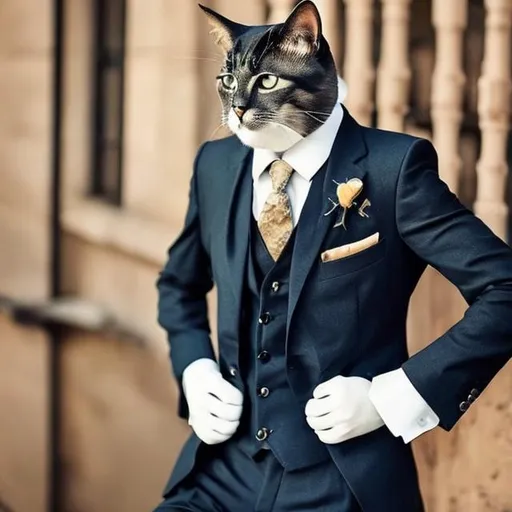 Prompt: Cat bodygaurds in suits and fancy. looking at the camera.