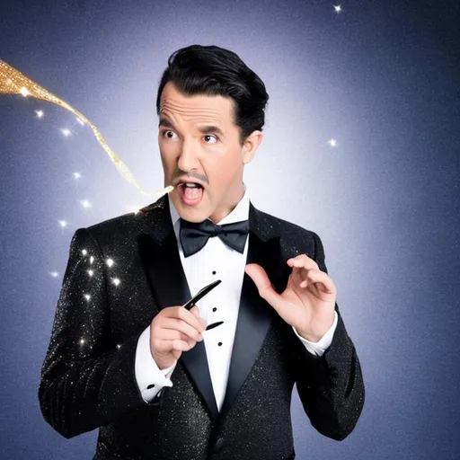 Prompt: Magician in a tuxedo casting a sparkly magic spell with his center thyroid 