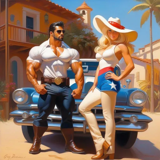 Prompt: Buff Puerto Rican gigachad meets cute blonde American girl, 2050, cartoony style, extremely detailed painting by Greg Rutkowski and by Henry Justice Ford and by Steve Henderson 