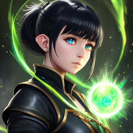 Prompt: "Full body, oil painting, fantasy, anime portrait of a young hobbit woman with short elf ears with short flowing ash black hair in a ponytail and dark blue eyes | Elemental stars cleric wearing intricate green leather armor casting a healing spell, #3238, UHD, hd , 8k eyes, detailed face, big anime dreamy eyes, 8k eyes, intricate details, insanely detailed, masterpiece, cinematic lighting, 8k, complementary colors, golden ratio, octane render, volumetric lighting, unreal 5, artwork, concept art, cover, top model, light on hair colorful glamourous hyperdetailed medieval city background, intricate hyperdetailed breathtaking colorful glamorous scenic view landscape, ultra-fine details, hyper-focused, deep colors, dramatic lighting, ambient lighting god rays, flowers, garden | by sakimi chan, artgerm, wlop, pixiv, tumblr, instagram, deviantart