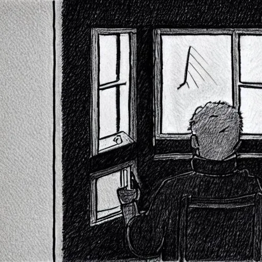 Prompt: A person watching rain outside through the window while holding a blue cup inside a black and white ballpoint drawing