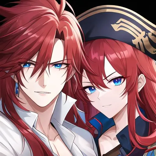 Prompt: Zerif 1male (Red side-swept hair falling between the eyes, sharp and stern blue eyes), highly detailed face, 8K, Insane detail, best quality, UHD, handsome, flirty, muscular, Highly detailed, insane detail, high quality. wearing a pirate hat, and a pirate outfit