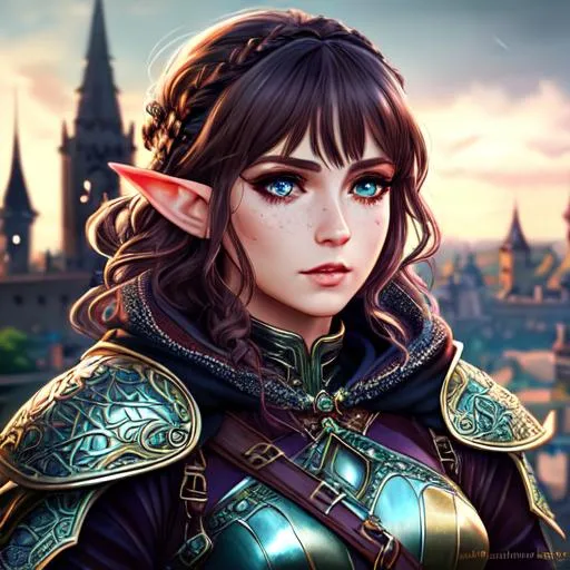Prompt: half body portrait, female , elf, detailed face, detailed vibrant eyes, full eyelashes, ultra detailed accessories, tunic, empty city streets background, curly messy braided hair, bangs, dnd, artwork, fantasy,inspired by D&D, concept art, ((looking away from viewer)), dark fantasy, gloomy, freckles, armor, short hair, caplet and hood, female elf, tattoo on cheek, UHD, 8K, high fantasy, (((art inspired by Agnes Cecile))), 