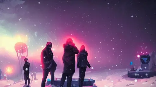 Prompt: cyberpunk theme with northern lights in the dark blue sky while snowing high quality with The character Pain beside his friends graves and praying 