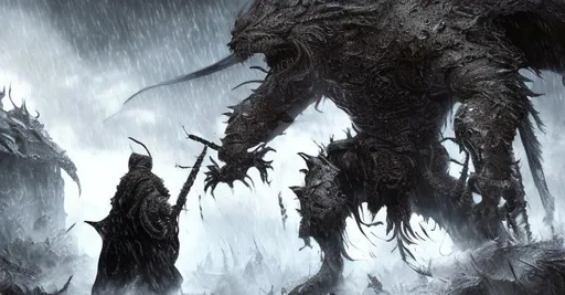 Prompt: HDR, professional, 8k, best version, masterpiece faceless samurais fighting in the war with black armor black full face helmet black katana against giant hellish dragons standing in the rain Dark art, artstation, hyperdetailed intricately detailed , unreal engine, other wordly, intricate detail, dark colors, 8k, masterpiece, heavy strokes, doom eternal