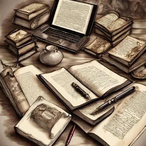 Prompt: Books and laptop and tablet on a table with ink pen, Renaissance style
