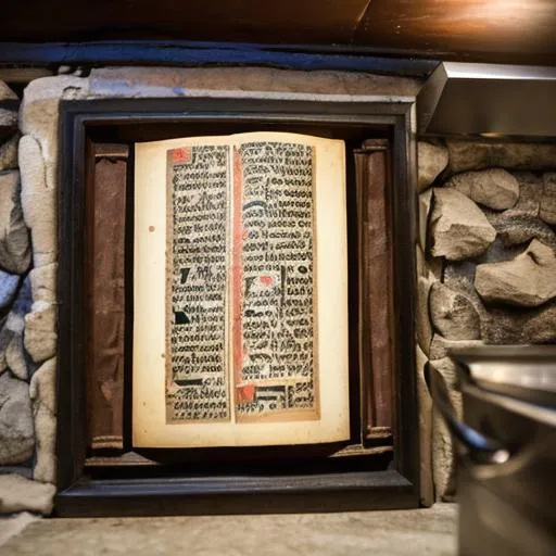 Prompt: A portrait of an ancient manuscript sitting on a table in a small kitchen in front of a fireplace