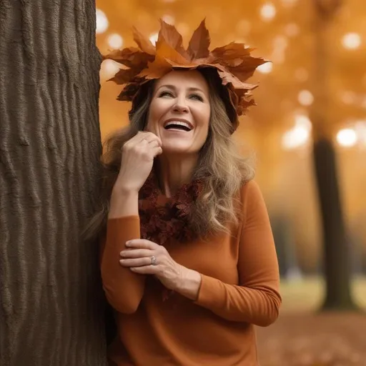 Prompt: caucasian woman in her 40s singing to a tree in autumn wearing orange and brown clothes and a wreath of fallen leaves on her head