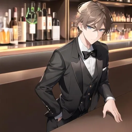 Prompt: Alex 1male. Short light brown hair. Soft and mesmerizing light grey eyes. Wearing a sleek black button-up shirt, paired with tailored black pants and shiny leather shoes. He completes the look with a stylish black vest and a classic black bow tie. UHD, 8K, standing behind a bar counter serving drinks