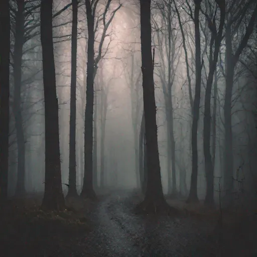Prompt: Forest background, misty, dark, wet, creepy, at dusk. 