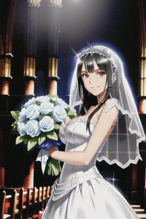 Prompt: Victoria Justice |  Wedding Dress | veil, Average Body, Happy face, church background, bridal bouquet, ultra-fine details, ambient lighting, symmetrical facial features, accurate anatomy, anatomically correct Girl, sharp focus, fantasy cgi still, Artgerm, taken on nikon d750, scenic, gossamer, iridescent, ethereal, ultra realistic, sharp details, subsurface scattering, intricate details, warm lighting, beautiful features, highly detailed, photorealistic, octane render