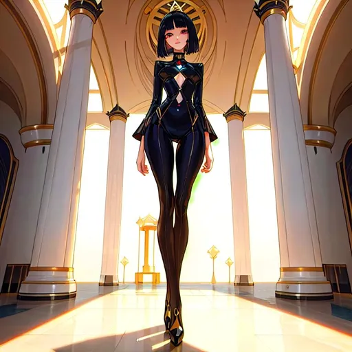 Prompt: a lonely AI lifeform, very tall, thick thighs, wide hips, huge glutes, long legs, slender arms, slender waist, big beautiful symmetrical eyes, intriguingly beautiful face, aloof expression, symmetrical face, bob haircut with bangs, wearing Jailbroken-AI fashion clothes, high-fashion, hyper photorealistic, realistic lighting, realistic shadows, realistic textures, 36K resolution, 12K raytracing, hyper-professional, impossible quality, impossible resolution, impossibly detailed, hyper output, perfect continuity, realistic reflections