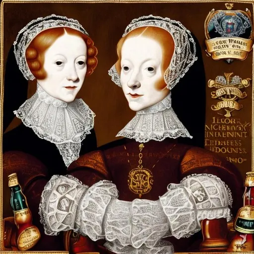 Prompt: Mary I and Elizabeth I have beers together and laugh
