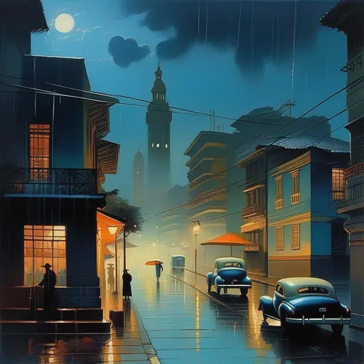 Prompt: 1940s, São Paulo at night, creepy, rain, fog, cold blue atmosphere, cartoony style, extremely detailed painting by Greg Rutkowski and by Henry Justice Ford and by Steve Henderson 

