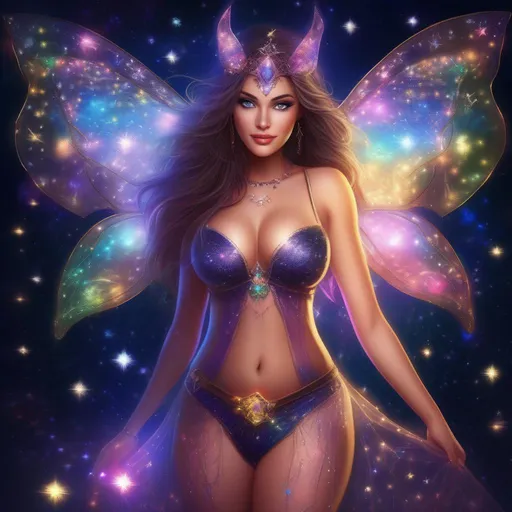 Prompt: A whole body image of a stunningly beautiful, hyper realistic, buxom woman with bright eyes wearing a sparkly, glowing, skimpy, sheer, fairy, witches outfit on a breathtaking night with stars and colors with glowing detailed sprites flying about, standard