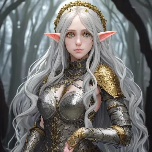 Prompt: Full body, oil painting, fantasy, anime portrait of a wounded female elf, long curly light gray hair, wearing intricate chainmail surrounded by monsters, #3238, UHD, hd , 8k eyes, detailed face, big anime dreamy eyes, 8k eyes, intricate details, insanely detailed, masterpiece, cinematic lighting, 8k, complementary colors, golden ratio, octane render, volumetric lighting, unreal 5, artwork, concept art, cover, top model, light on hair colorful glamourous hyperdetailed medieval city background, intricate hyperdetailed breathtaking colorful glamorous scenic view landscape, ultra-fine details, hyper-focused, deep colors, dramatic lighting, ambient lighting god rays, flowers, garden | by sakimi chan, artgerm, wlop, pixiv, tumblr, instagram, deviantart