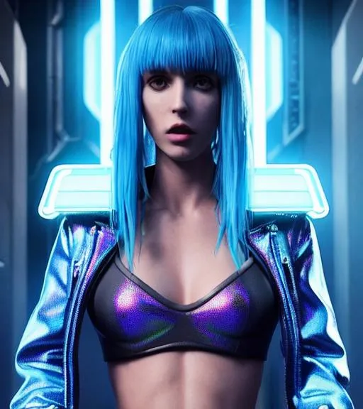 cyberpunk, girl neon, blue hair, hyper realistic, hi...