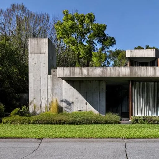 Prompt: a neighborhood of brutalist architecture home.