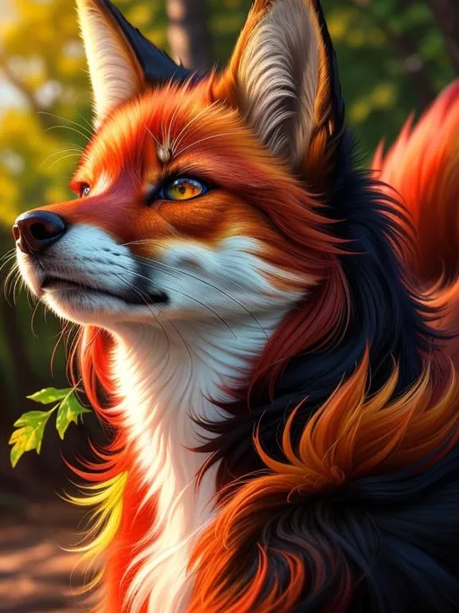 Prompt: (8k, 3D, UHD, highly detailed, hyper detailed, masterpiece, detailed oil painting) portrait of [fire elemental] ((fox)), (canine quadruped), adolescent, silky crimson-red fur, yellow-green eyes, 8k eyes, youthful, lively, lithe, black fur highlights, sharp focus, long silky hair on crest, slender, umber red mane, beautiful charming mischievous grin, wispy brown ears, wispy ruby-red mane flowers on fur, snow-capped trees, fur dusted with snow, forest, silky bushy tail, billowing mane, professional, unreal engine, dynamic, intricate detail, intricately detailed fur, highly detailed face