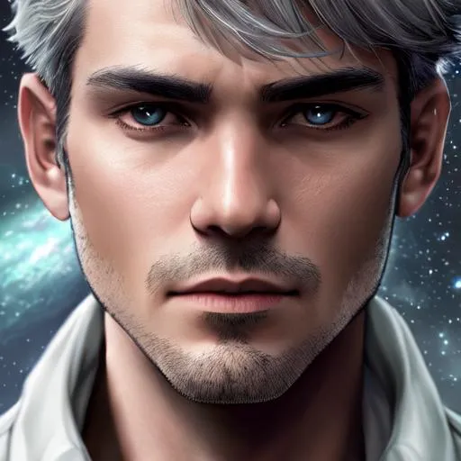 Prompt: Boy, face, bionic, close up, grey hair, pokerface, fantasy, realistic, detail, space background, half beast face