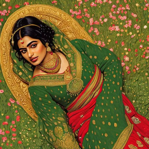 Prompt: a young beautiful indian woman in a green and red sari, olive skin, lying on a flower bed, in the style of Gustav Klimt, lots of gold