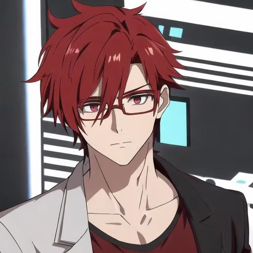 Prompt: Zerif 1male (Red side-swept hair covering his right eye), wearing glasses