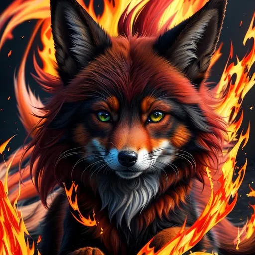 Prompt: remove leg, (8k, 3D, UHD, ultra sharp, anime highly detailed, hyper detailed, masterpiece, detailed oil painting) portrait of fire elemental ((fox)), (canine quadruped), adolescent, silky crimson-red fur, emerald green eyes, 8k eyes, youthful, lively, lithe, black fur highlights, long silky hair on crest, slender, umber red mane, beautiful charming mischievous grin, wispy brown ears, wispy ruby-red mane flowers on fur, snow-capped trees, fur dusted with snow, forest, silky bushy tail, billowing mane, professional, unreal engine, dynamic, intricate detail, intricately detailed fur, highly detailed face