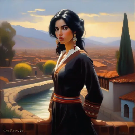 Prompt: Castizo woman, pale skin, black hair, dark brown eyes, in Santiago de Chile, cartoony, cold atmosphere, extremely detailed painting by Greg Rutkowski and by Henry Justice Ford and by Steve Henderson