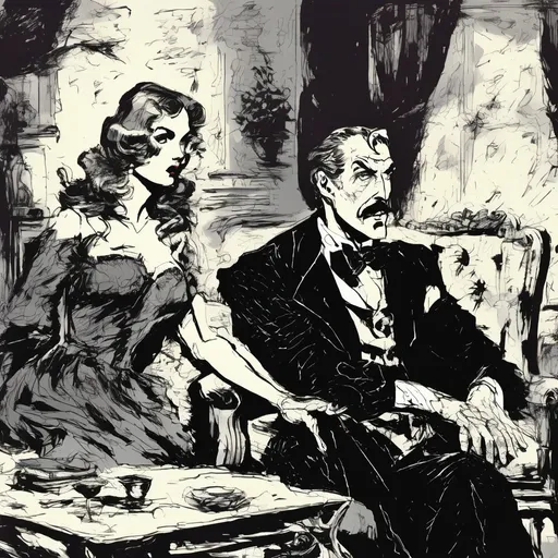 Prompt: (Vincent Price with a pencil thin mustache), Black and White pen and ink sketch style, dark color scheme, elegantly gothic attire, intricate details, dim lighting, dramatic shadows, opulent background, luxurious textures, ornate furniture, deep reds and blacks, baroque patterns, solemn atmosphere, rich color tones, dark romanticism, ultra-detailed, 4K, photorealistic masterpiece, timeless elegance.