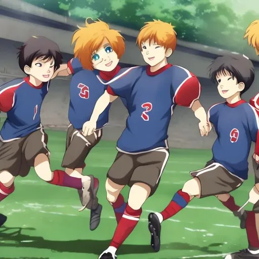 Prompt: Team of boys playing football anime