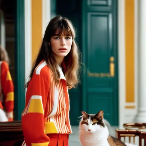 Prompt: Highest quality picture of a young Jane Birkin in a Wes Anderson Movie wearing Marni