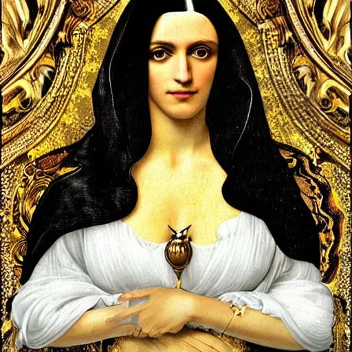 Prompt: beautiful black haired woman purple eyes madonna, gold yellow dress, white lily, black cat, river, jungle, toucan, vermeer art nouveau, medieval, botticelli