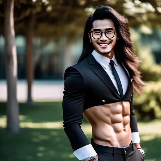 Prompt:  an attractive extremely long-haired 20-years old  smiling man with a six pack abs and glasses wearing crop top black suit and tie with black suit pants, standing, sideview, at the park, he has his hands on hips  