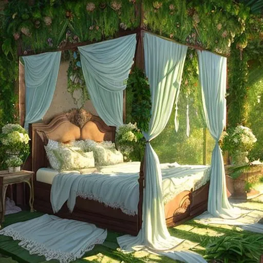 Prompt: Four poster bed draped in gauzy fabric surrounded by plants and vines,Ancient Indian style, epic, volumetric lighting,  secret garden, Impressionist style, indirect lighting, glowing, highly detailed, masterpeice