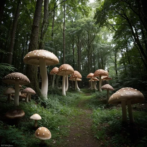 Prompt: beautiful fantasy forest glade filled with large mushrooms