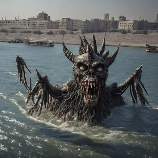 Prompt: Creepy huge demons under Euphrates river 