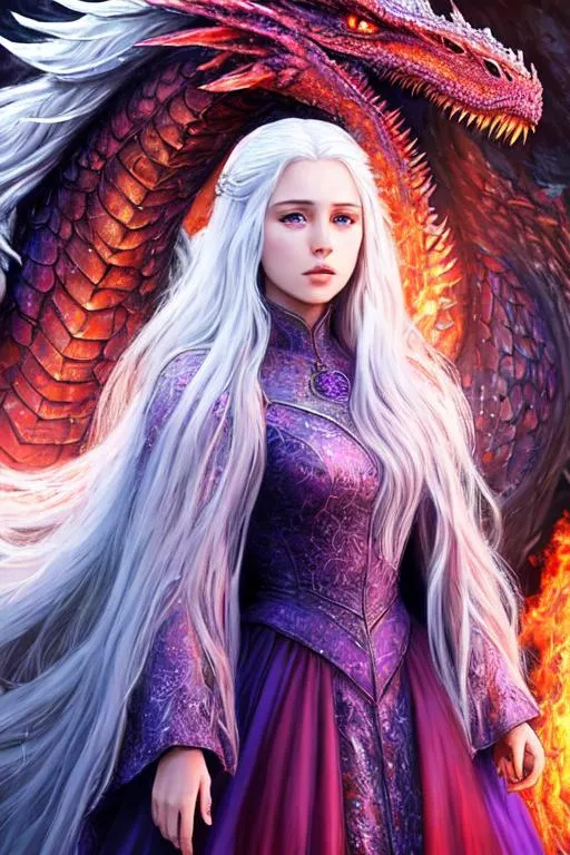 Prompt: UHD, hd , 8k, oil painting, fantasy, hyper realism, Very detailed, zoomed out view of character, visible face, twenty year old  female Targaryen queen from A Song of Ice and Fire, she has long silver hair and has purple eyes, she is wearing a red royal dress and  she is standing beside a large dragon and is conjuring fire 