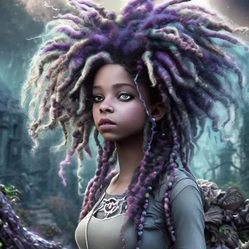 Prompt: Create fairy tale creatures with dreadlocks hair. Fairy colors. Outside, daylight. Furturistic. Science fiction. 64k. UHD, HDR. ((Masterpiece))