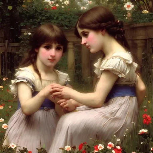 Prompt: Sisters Playing outside in summer 1820, {close up}, {background outside}, super detailed, 8k, high quality, sharp focus, real skin, cheeks red, transparent, intricate details, highly detailed, oil painting by William Waterhouse 