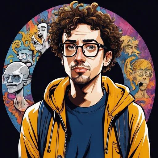 Prompt: Title: "InDifferent Pants" Comedy Art Logo

Description:
- Create a portrait-style logo for "InDifferent Pants," a comedy art page.
- Character: A young man with light skin, curly short hair, and glasses.
- Expression: Gentle smile, slight stubble.
- Attire: Brown fleece jacket over a dark blue t-shirt with yellow lettering.
- Background: Stark black, creating a striking contrast.
- Lighting: Soft, diffused lighting highlighting features with subtle shadows.

Influences:
- Visual Style: Infuse elements reminiscent of Ralph Steadman's bold and expressive illustrations, blending hyper-realism with surrealism.
- Aesthetics: Draw inspiration from the surreal and whimsical style of the show "DreamCorp LLC," incorporating psychedelic elements for added visual interest.

Specifications:
- Orientation: Portrait
- Focus: Character prominently featured against the black background, surrounded by psychedelic elements.
- Tone: Capture the comedic spirit of "InDifferent Pants" with a blend of hyper-realism, surrealism, and psychedelic aesthetics.
