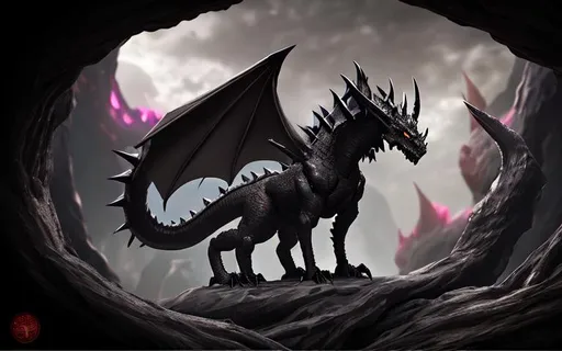 Prompt: black dragon, scary, intimidating, full render, 60k, 10 horns, pointed tail, spikes on tail, tree heads, cave backround