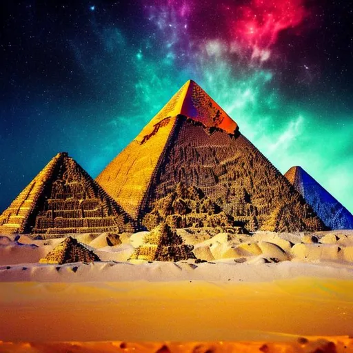Prompt: colorful photo of pyramids in space