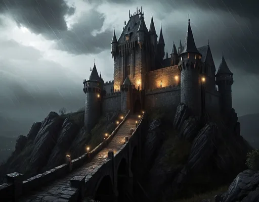 Prompt: Warhammer RPG style castle on a hill, at night, eerie atmosphere, raining, detailed gothic architecture, ominous bridge, moody and atmospheric lighting, high quality, realistic, dark and gloomy, stormy weather, medieval fantasy, detailed stone textures, dramatic shadows, foreboding setting, ominous atmosphere, detailed rain effects, gothic, sinister, atmospheric lighting